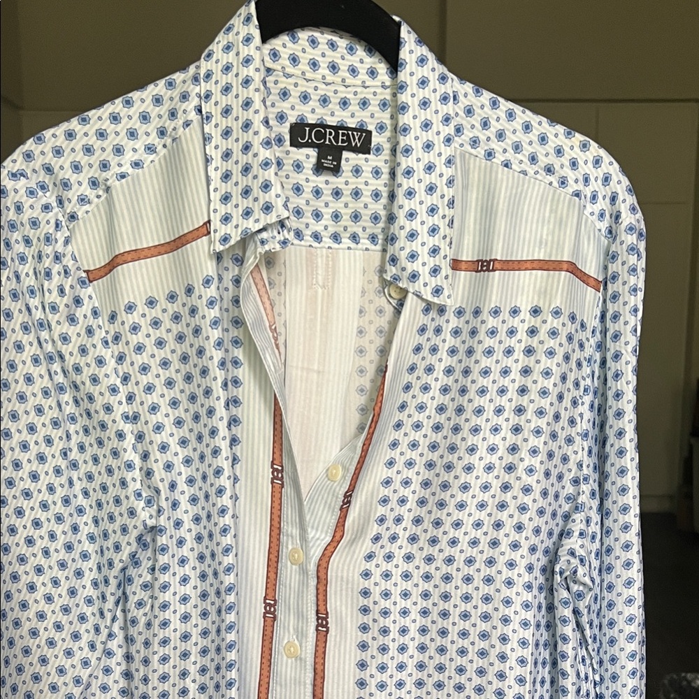 J. Crew Womens White and Blue Geometric Blouse- sz M runs large
